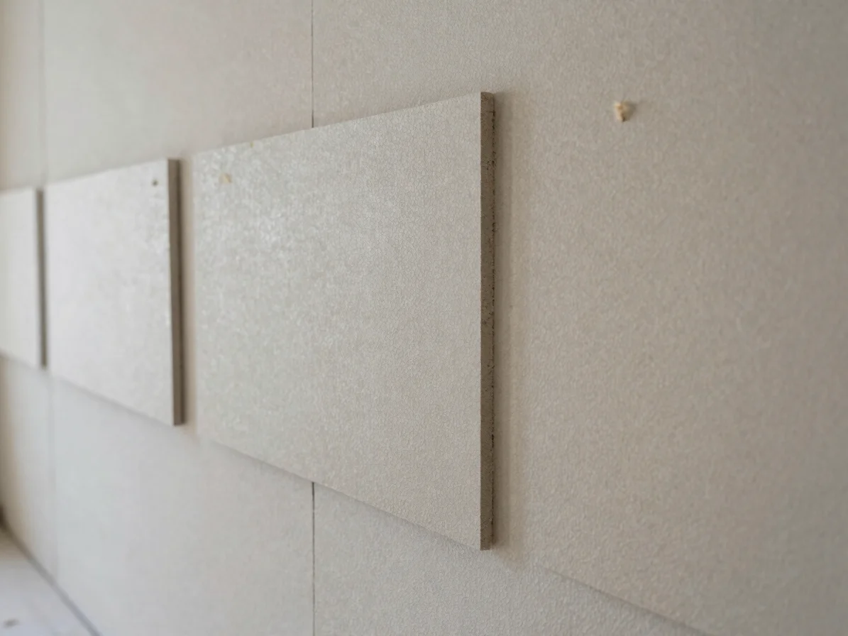 Documentary close-up of a thermal insulation board being fitted into an exterior wall assembly, soft natural daylight, r
