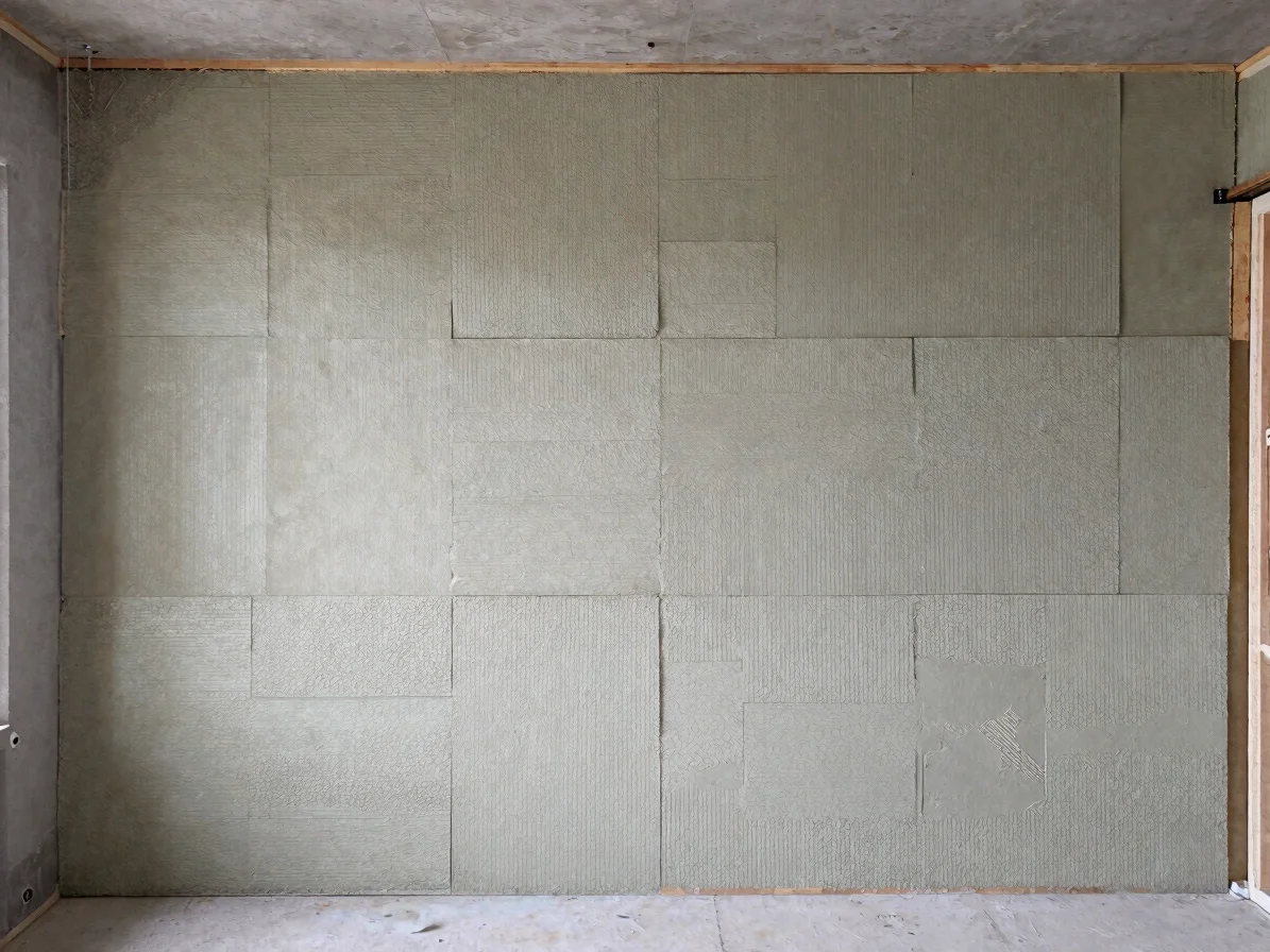 Wide construction view of an acoustic insulation layer being installed inside an open wall cavity, natural daylight, bal
