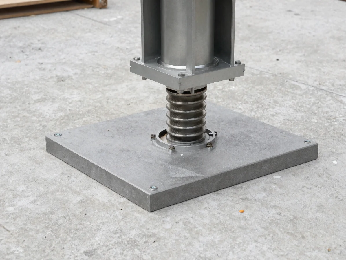 Close detail of a vibration isolation pad set beneath a mechanical equipment base on a concrete slab, honest practical s