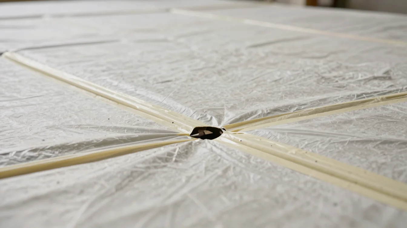 Close-up documentary photograph of insulation anchored around a structural penetration, perimeter sealing tape neatly ap