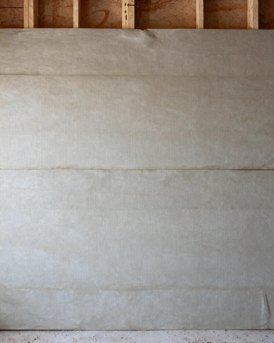 Documentary close-up of thermal insulation batts being fitted between timber studs in an unfinished building wall, soft