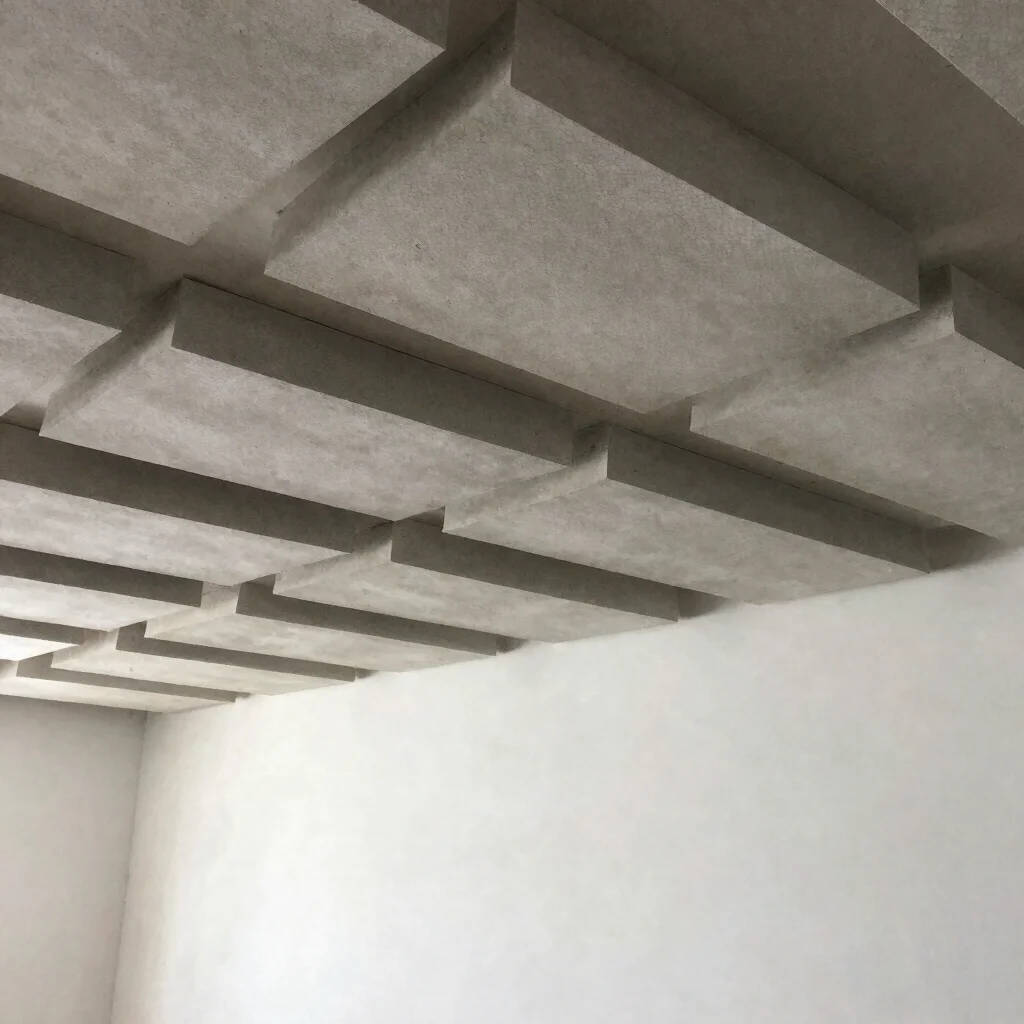 Documentary construction photograph of acoustic baffles mounted within an exposed commercial ceiling cavity, honest site