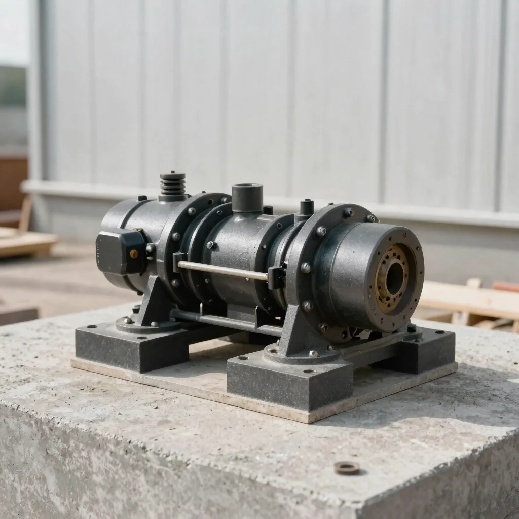 Documentary construction photograph of anti-vibration pads seated beneath a mechanical unit on a concrete plinth, practi