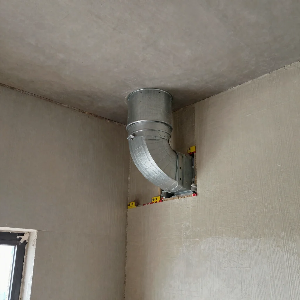 Documentary construction photograph of insulation fitted around a duct transition in a building services shaft, soft day