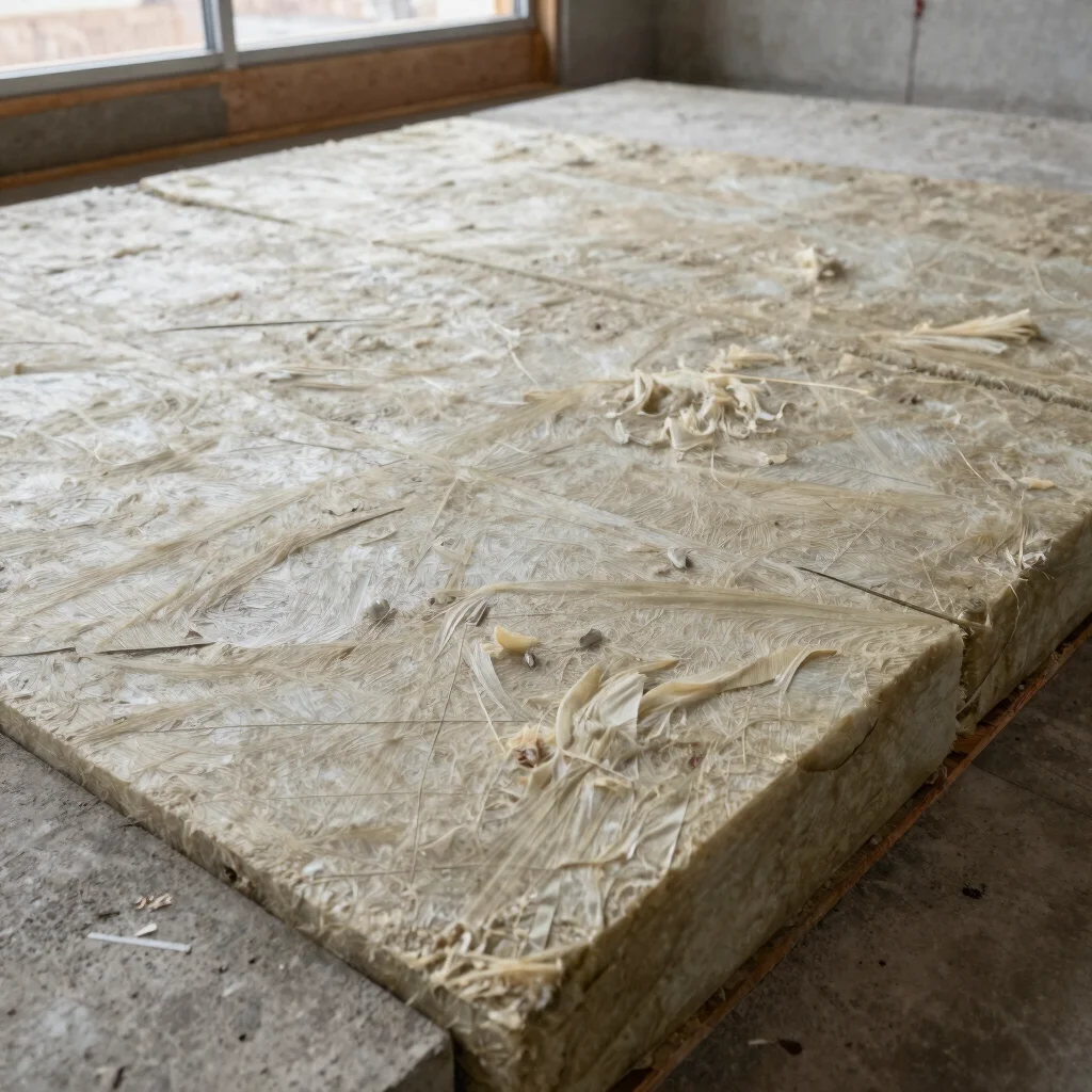 Documentary construction photograph of insulation batts sitting against a concrete floorplate edge in a commercial build