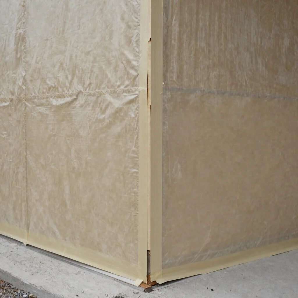 Documentary construction photograph of insulation membrane lapped and taped at a wall junction in a residential structur