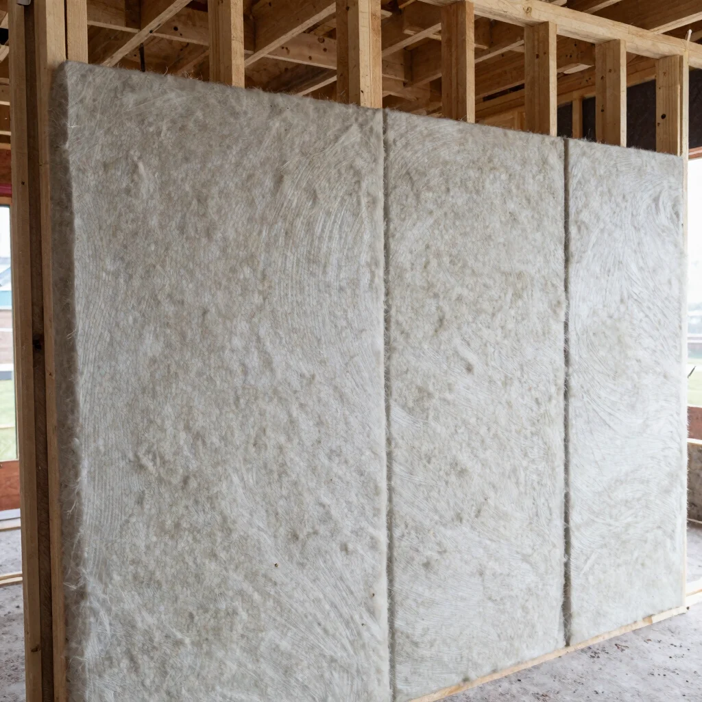 Documentary construction photograph of mineral wool thermal batts fitted tightly between wall studs in a partially frame